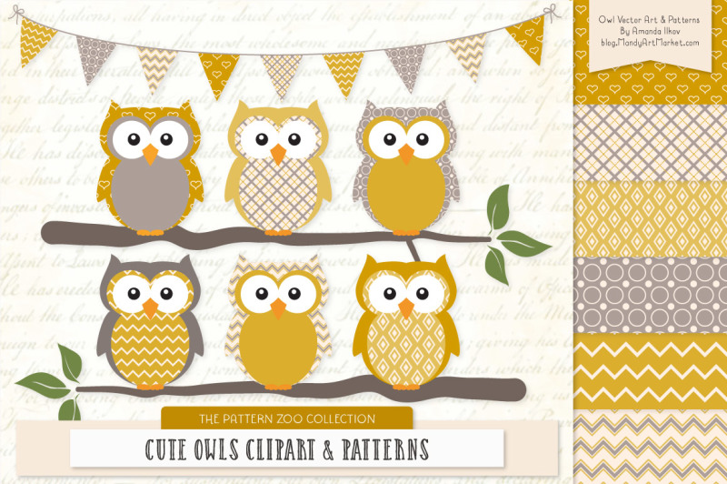 pattern-zoo-vector-owls-clipart-and-digital-papers-in-mustard