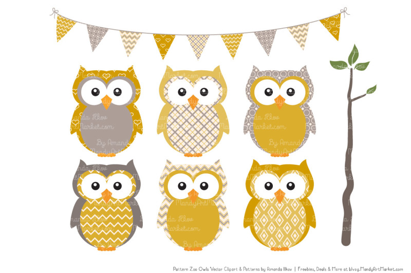 pattern-zoo-vector-owls-clipart-and-digital-papers-in-mustard