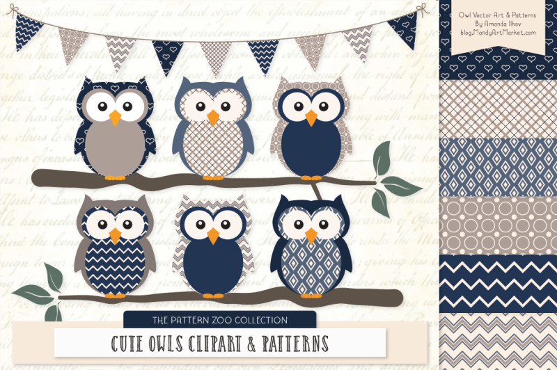 pattern-zoo-vector-owls-clipart-and-digital-papers-in-navy
