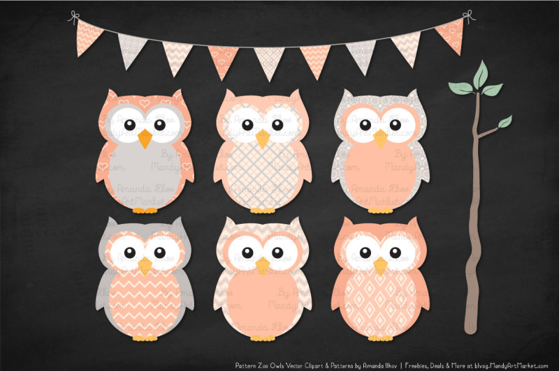 pattern-zoo-vector-owls-clipart-and-digital-papers-in-peach