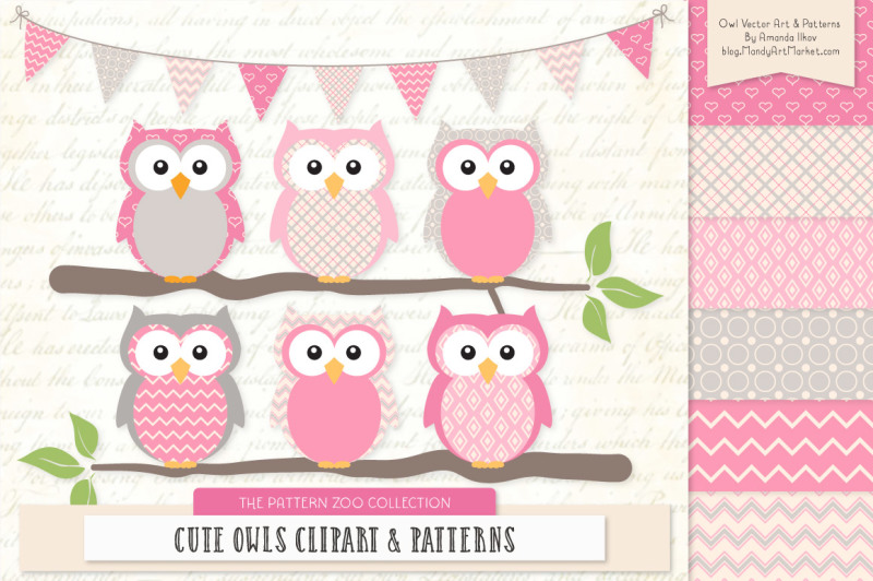 pattern-zoo-vector-owls-clipart-and-digital-papers-in-pink