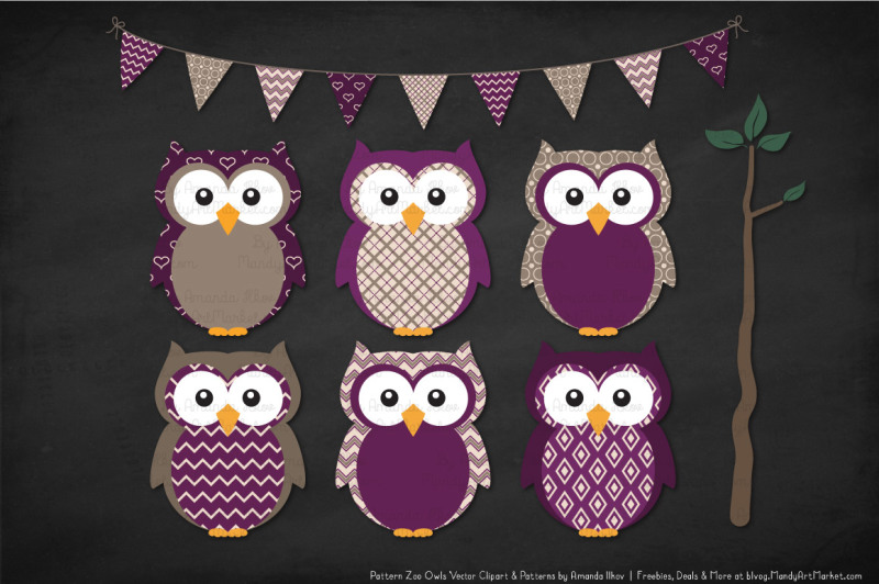 pattern-zoo-vector-owls-clipart-and-digital-papers-in-plum