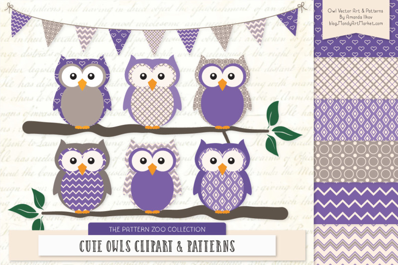 pattern-zoo-vector-owls-clipart-and-digital-papers-in-purple