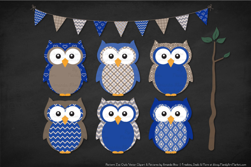 pattern-zoo-vector-owls-clipart-and-digital-papers-in-royal-blue