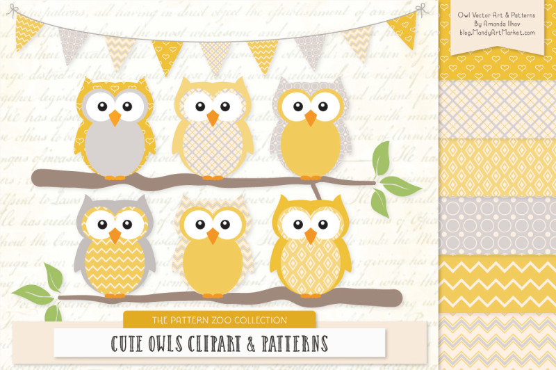 pattern-zoo-vector-owls-clipart-and-digital-papers-in-sunshine