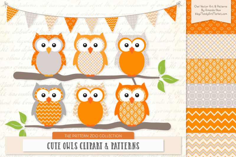 pattern-zoo-vector-owls-clipart-and-digital-papers-in-tangerine