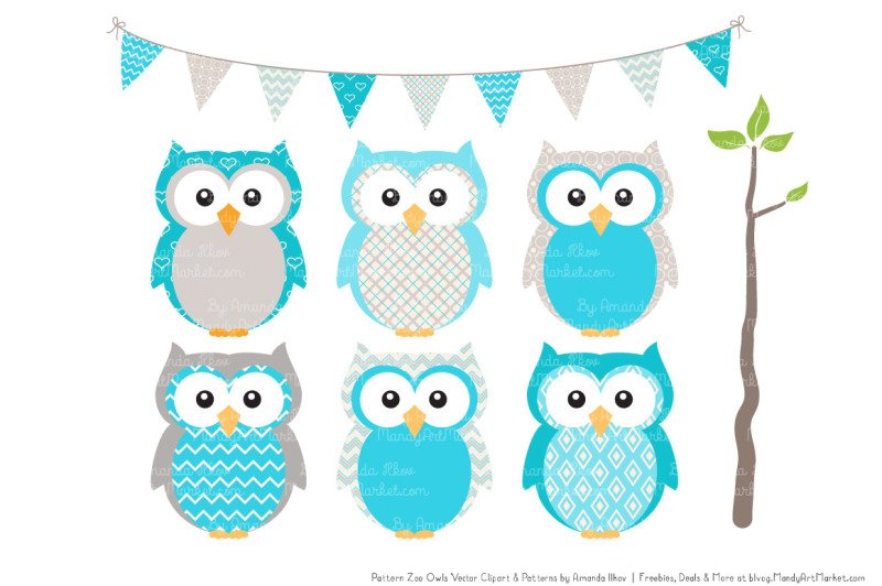 pattern-zoo-vector-owls-clipart-and-digital-papers-in-tropical-blue