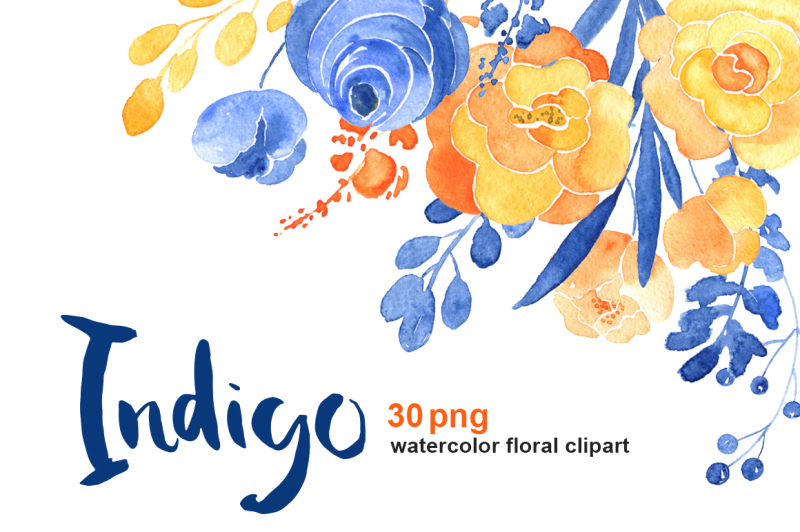 watercolor-indigo-blue-and-orange-flowers
