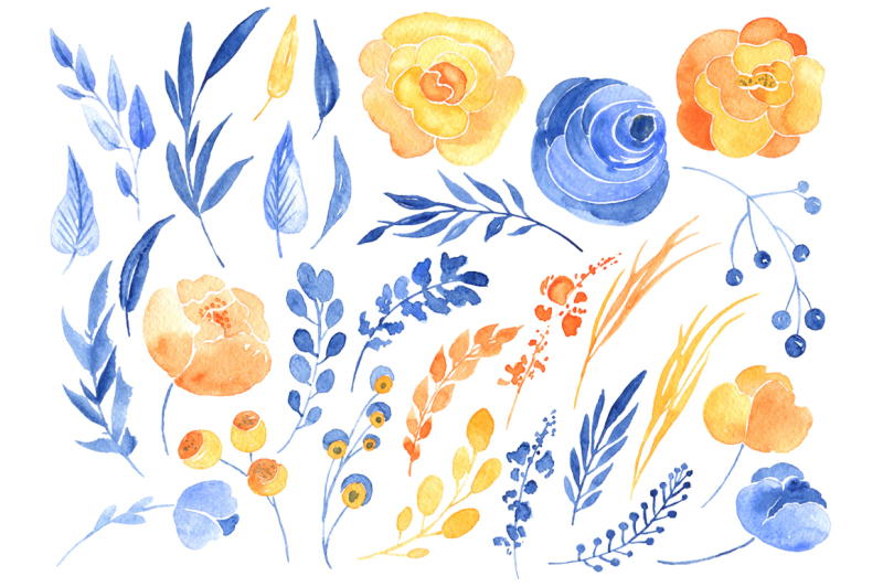 watercolor-indigo-blue-and-orange-flowers