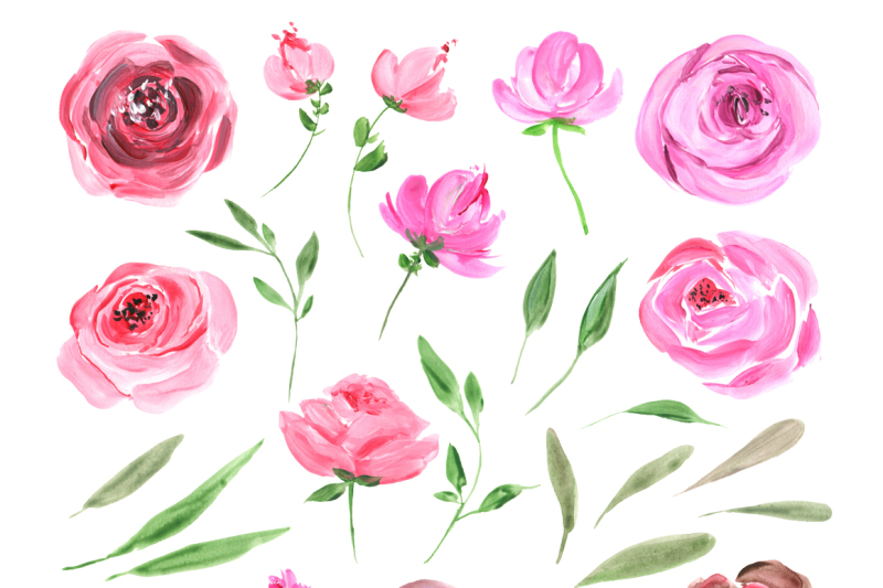 acrylic-watercolor-pink-and-red-roses-peonies-flowers-png-set