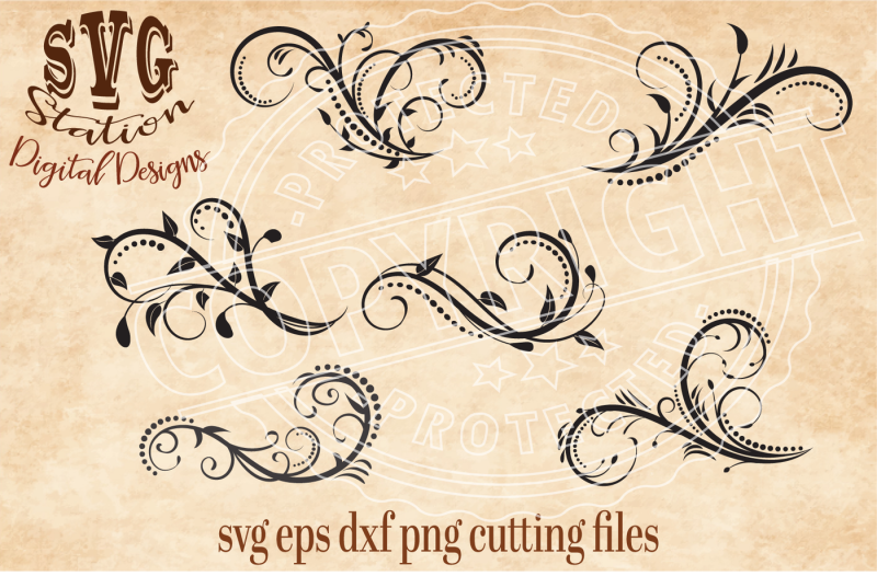 Six Ornamental Flourish Swirls / SVG DXF PNG EPS Cutting File