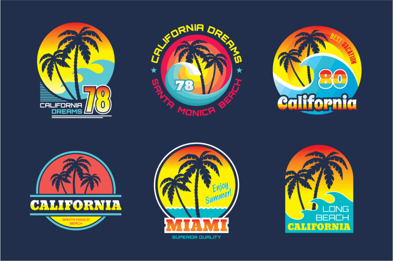 california-and-miami-sea-summer-badges-vector-illustration