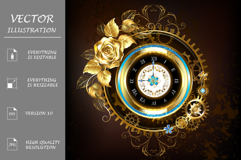 gold-clock-with-gold-rose-steampunk