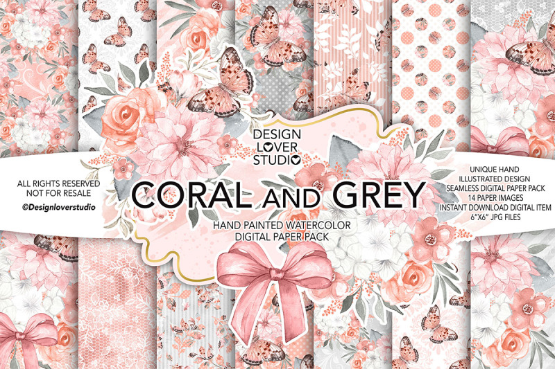 watercolor-coral-and-grey-digital-paper-pack