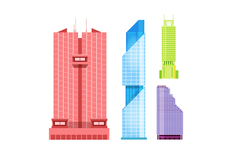skyscrapers-icons-set-in-detailed-flat-style-modern-futuristic-vector-illustration