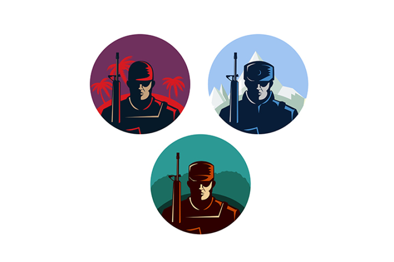 soldier-badges-or-avatars-set-silhouette-with-rifle-vector-flat-design-marine-in-different-countries