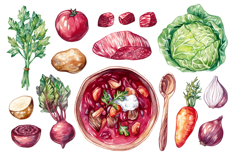 beetroot-soup-watercolor-ingredients