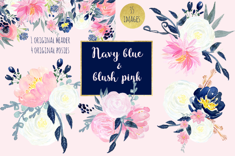 navy-blue-and-blush-pink-flowers-watercolor-clipart
