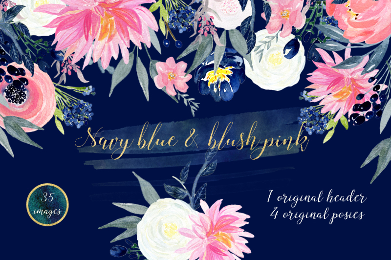navy-blue-and-blush-pink-flowers-watercolor-clipart