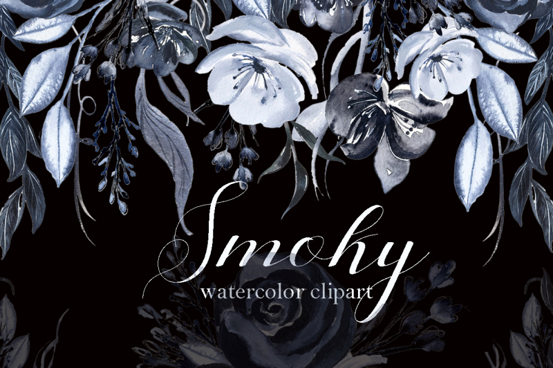 smoky-black-grey-watercolor-flowers-clipart