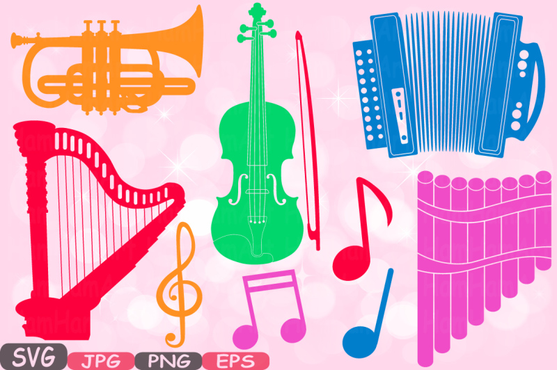 color-music-instruments-silhouette-svg-music-note-svg-printable-clipart-panpipe-accordion-violins-violin-trumpet-harp-graphic-design-622s