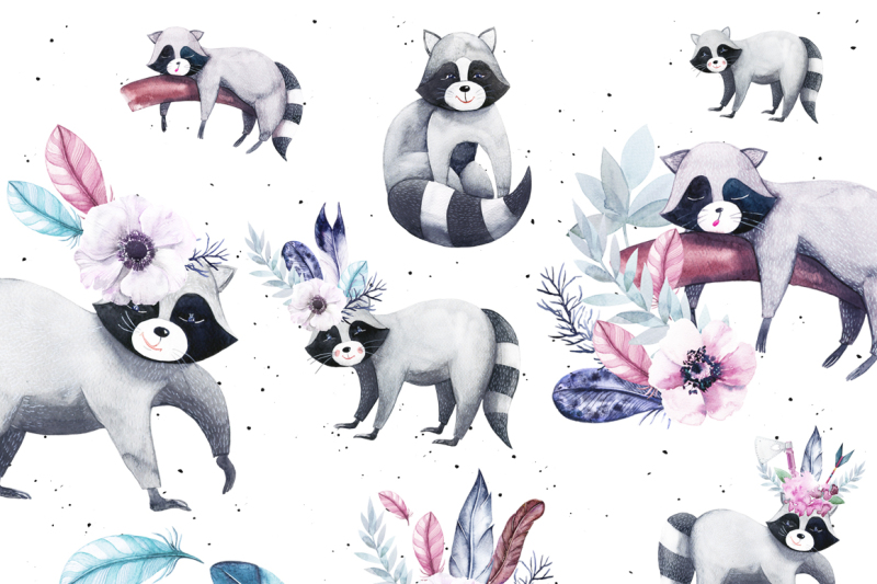 watercolor-feathers-and-raccoons