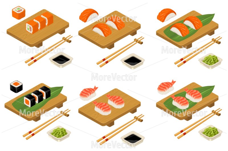 set-sushi-nigiri-and-roll-with-shrimp-chopsticks-soy-sauce-in-bowl-and-wood-board-isolated-on-white-background