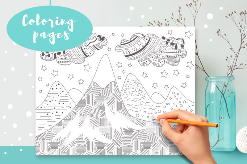 5-coloring-pages-whale-volcano-ship-mountains-rocket