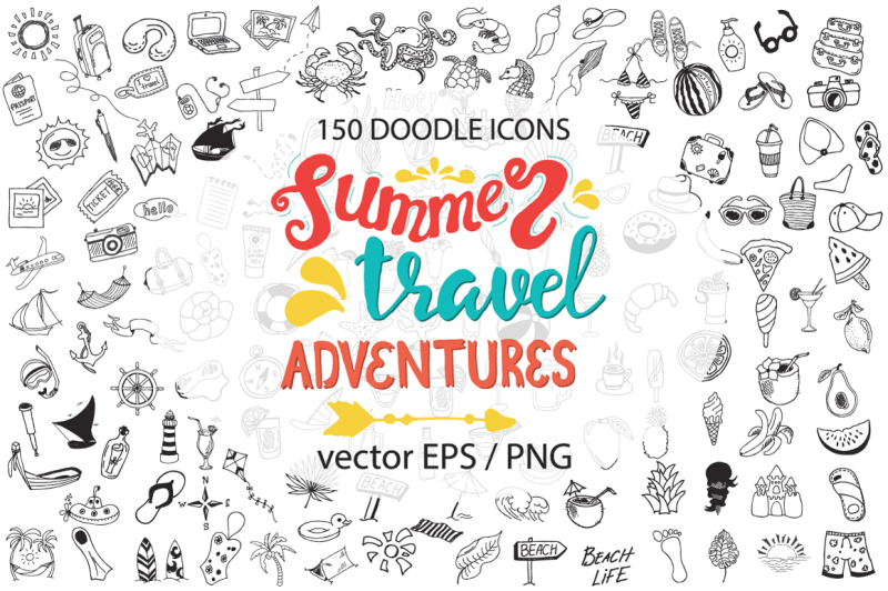 150-big-doodle-icons-and-design-elements-clipart-summer-travel-adventures-desine-elements
