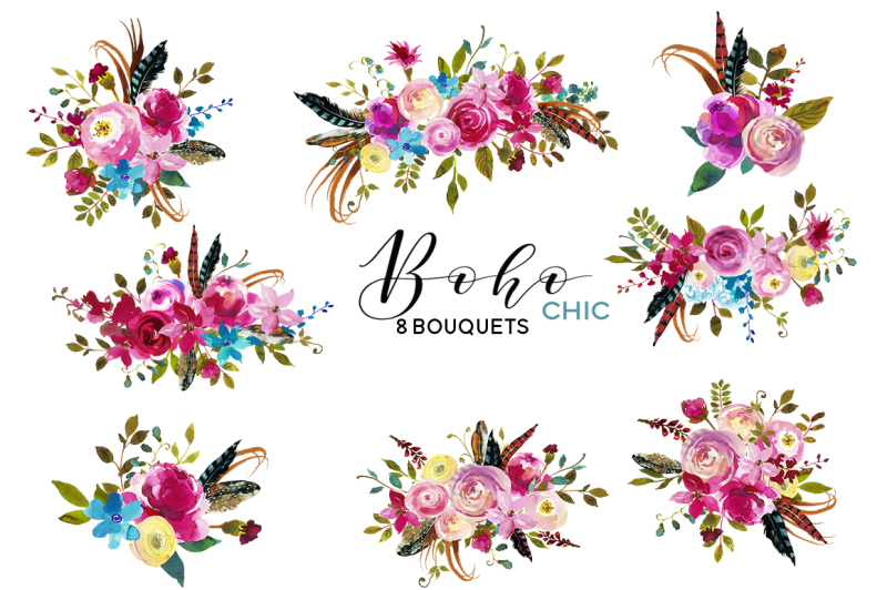 Boho Chic Pink Watercolor Flowers Clipart. By whiteheartdesign ...