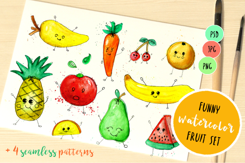 set-funny-watercolor-fruits