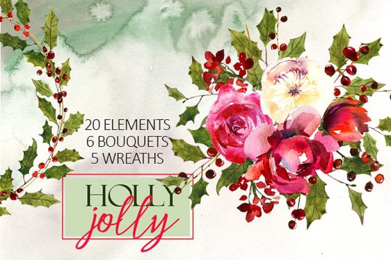 holly-steams-christmas-floral-watercolor-clipart