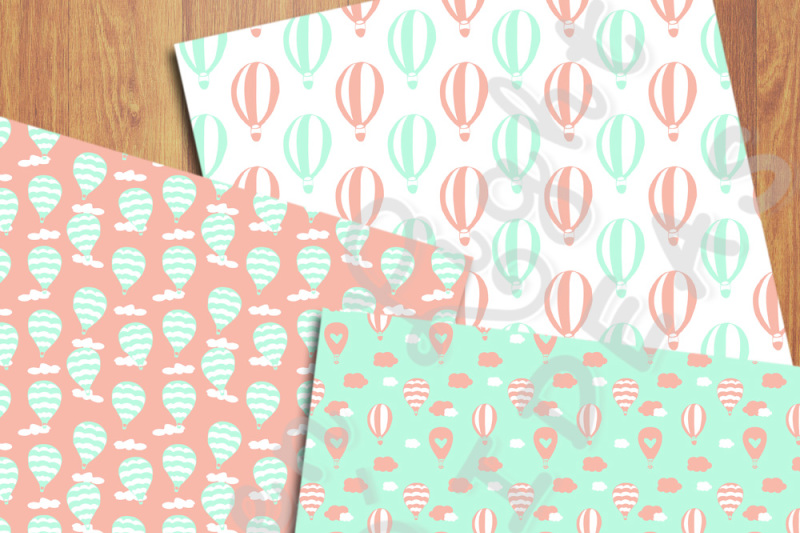 hot-air-balloons-digital-papers-mint-and-coral-backgrounds