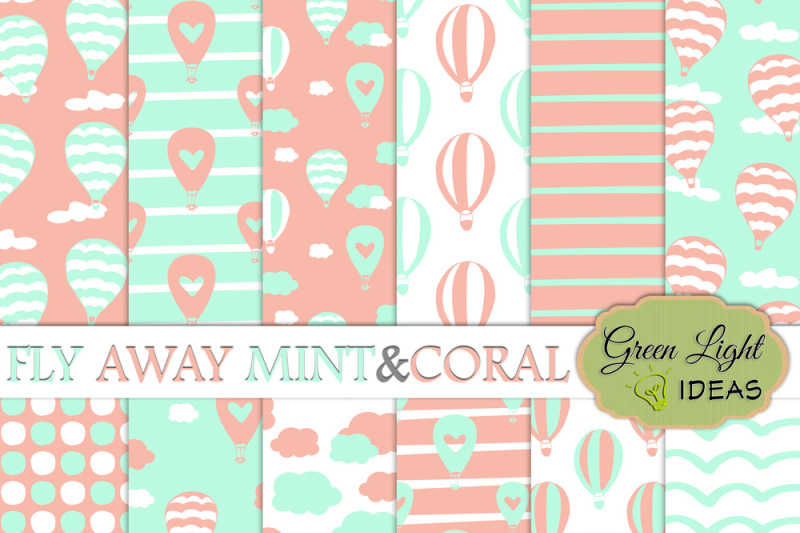 hot-air-balloons-digital-papers-mint-and-coral-backgrounds