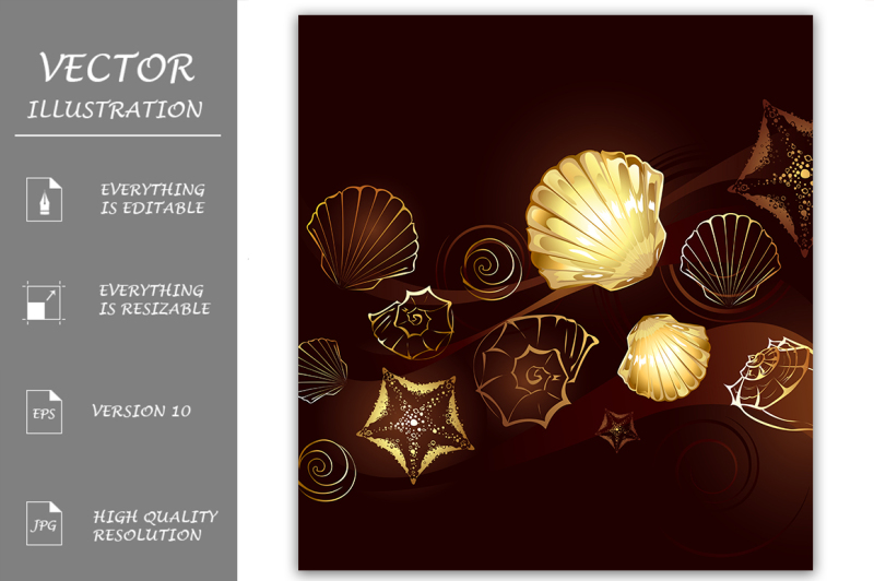 gold-seashells-on-brown-background