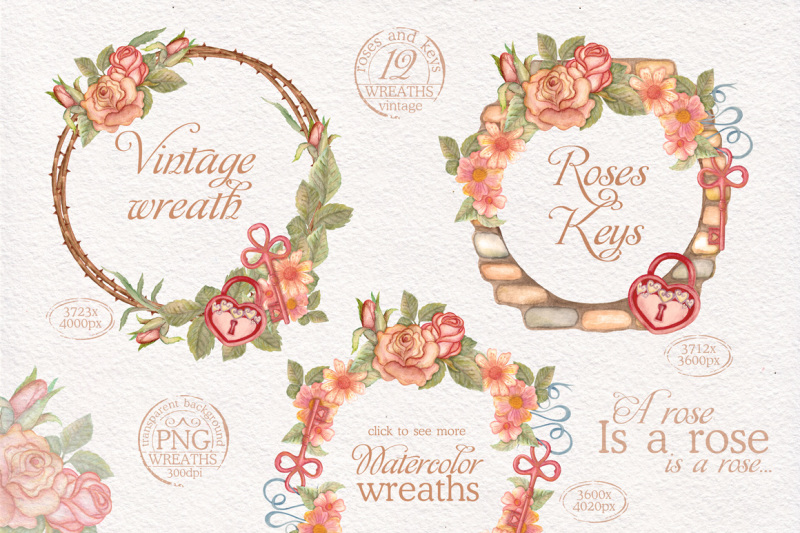watercolor-wreaths-set-roses-and-keys