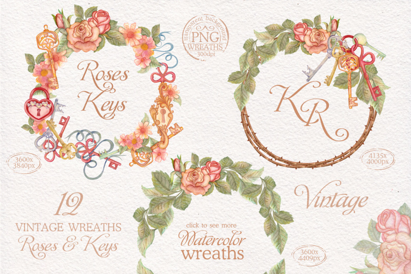 watercolor-wreaths-set-roses-and-keys
