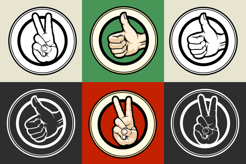 thumb-up-and-victory-gestures-emblem-set