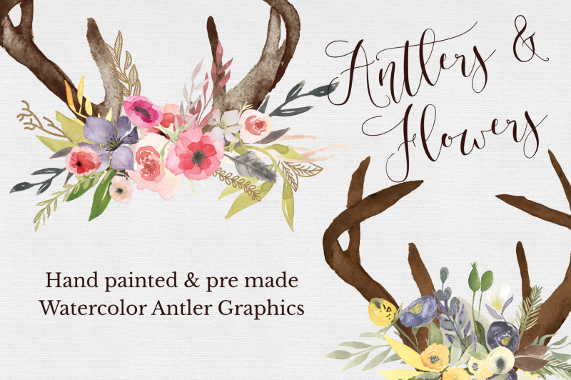 hand-painted-antlers-and-flowers-clipart-set