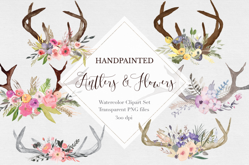 hand-painted-antlers-and-flowers-clipart-set