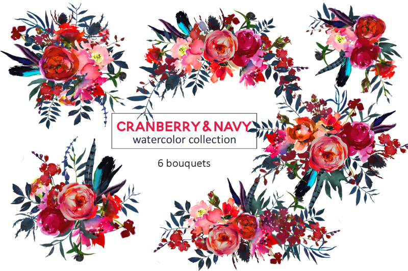 red-navy-watercolor-flowers-scarlett-magenta-peonies-roses-bouquets-clipart