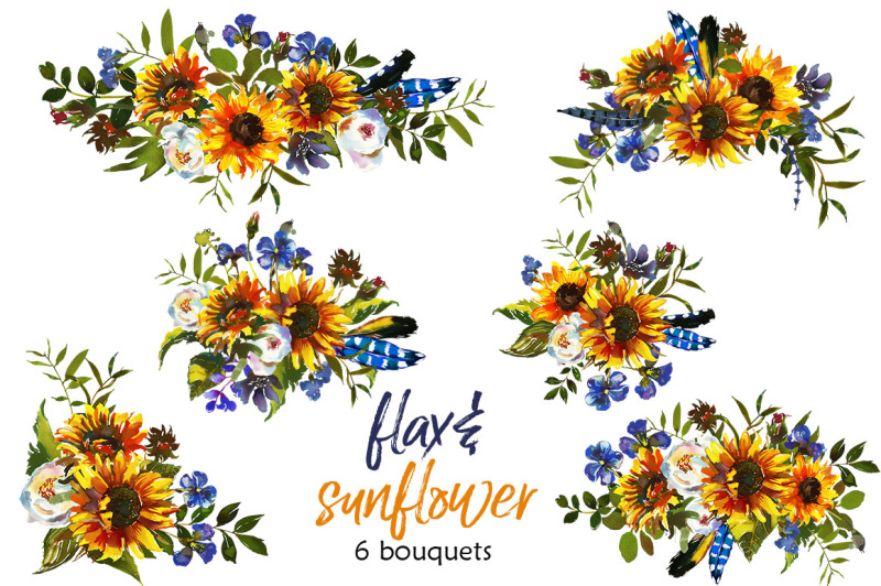 boho-sunflower-flax-flowers-bull-scull-feathers-clipart