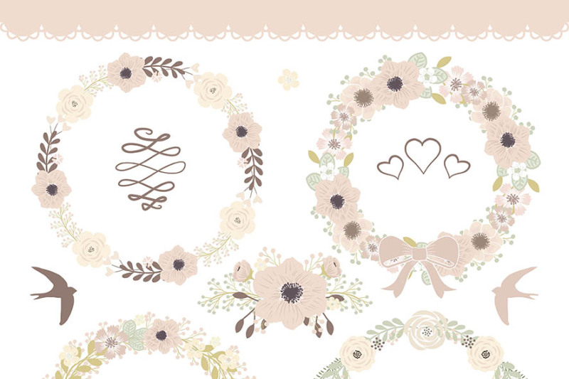 vector-wedding-clipart-beige-wreath-clipart-wedding-clipart-flower-clipart-flower-wreath-flower-frame