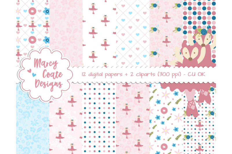 pink-ballerina-fox-digital-paper-and-clipart-commercial-use-ok-for-planners-stickers-scrapbooking-card-making-atc-etc