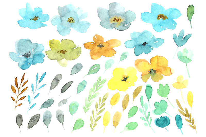 watercolor-blue-yellow-flowers-leaves