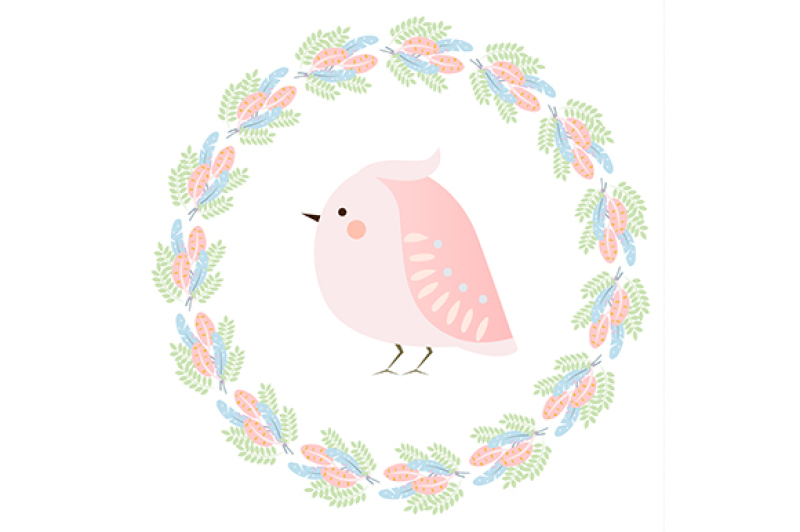 cute-kawaii-spring-bird-and-feathers-wreath-seasonal-vector-illustration