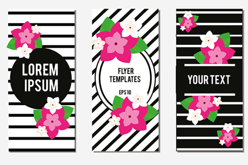 flyer-design-template-with-striped-background-and-exotic-pink-flowers-fashionable-invitations-advertisement-banners-floral-frames-presentation-covers-brochures-vector-illustration