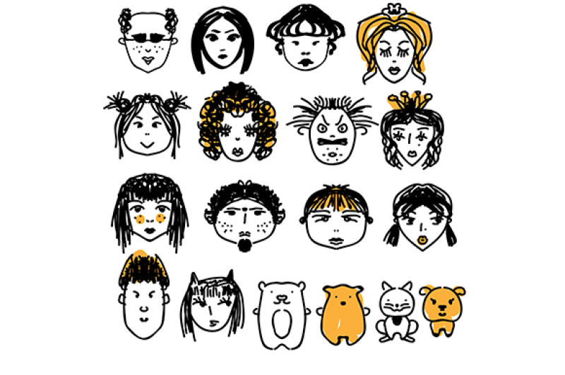 doodle-people-faces-hand-drawn-man-and-woman-avatars-cute-animals-artistic-design-elements