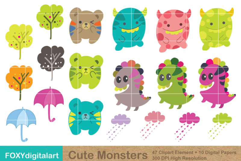 cute-monster-clipart-and-digital-paper-scrapbook