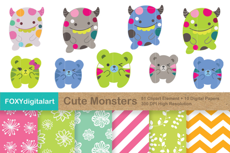 cute-monsters-clipart-and-10-papers-scrapbook